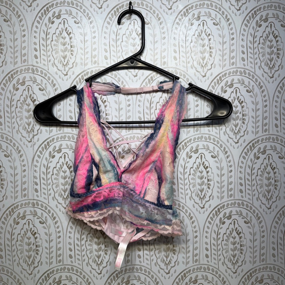 Victoria's Secret PINK Lace Bralette Tie Dye Strappy Cage Halter‎ XS Pink Blue